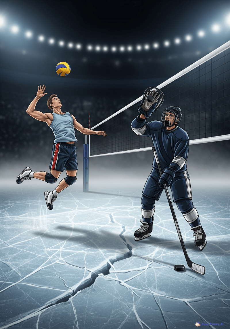 Ice and Volleyball: Dynamic Sports Illustration