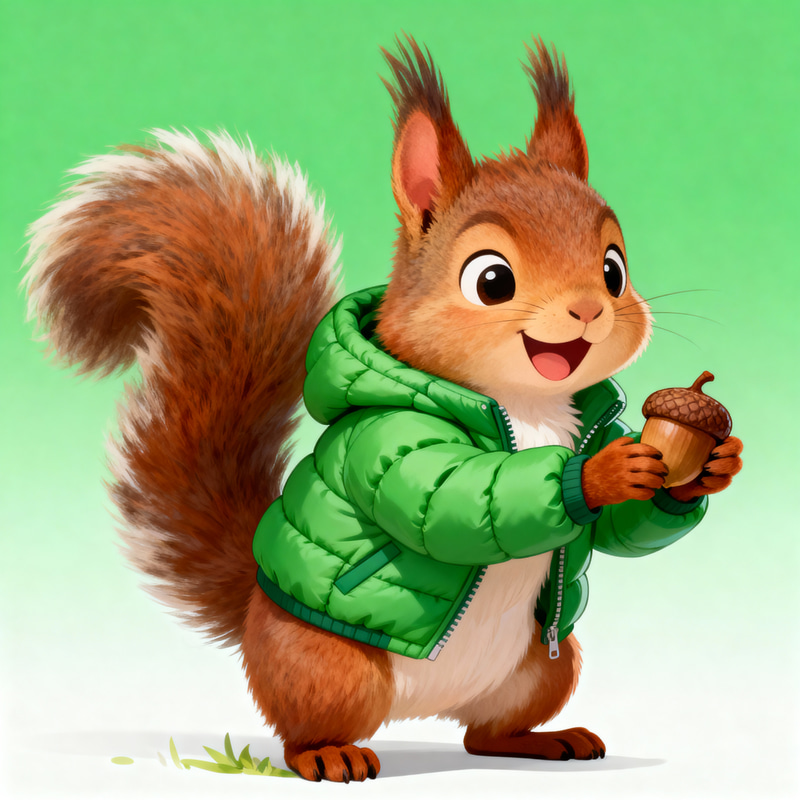 Happy Animated Squirrel with Green Padded Jacket Happy Animated Squirrel with Green Padded Jacket