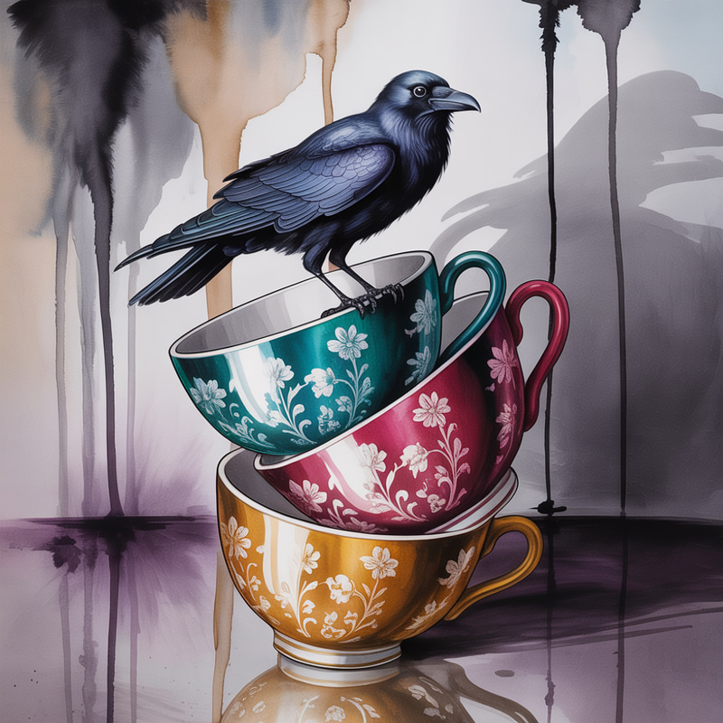 Whimsical Porcelain Cups with Raven Art