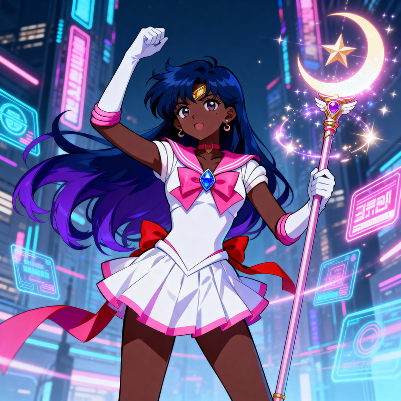 Black Sailor Moon Superhero in Manhwa Style
