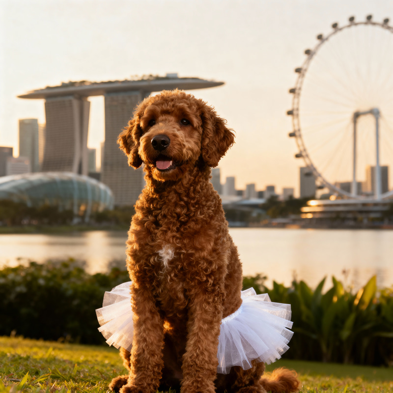 Brown Labradoodle in Tutu with Singapore Skyline Brown Labradoodle in Tutu with Singapore Skyline