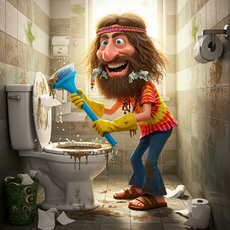 Funny Cartoon of a Hippie Cleaning a Toilet Funny Cartoon of a Hippie Cleaning a Toilet