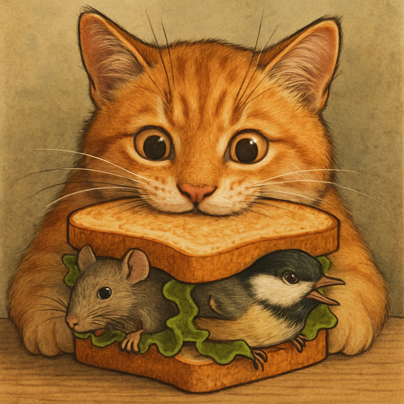 Cat Eating a Mouse and Bird Sandwich