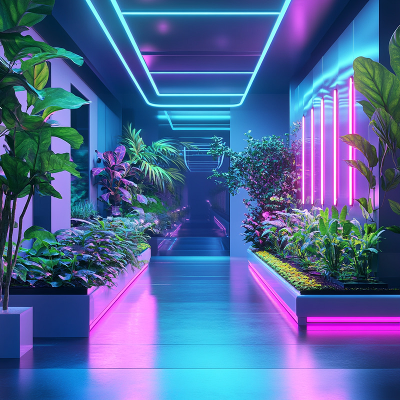 Futuristic Indoor Garden Design - Hydroponics & Neon Aesthetics Futuristic Indoor Garden Design - Hydroponics & Neon Aesthetics