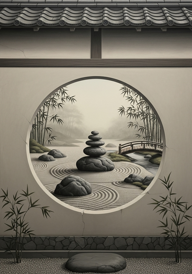 Japanese Mural with Zen Landscape Window Japanese Mural with Zen Landscape Window