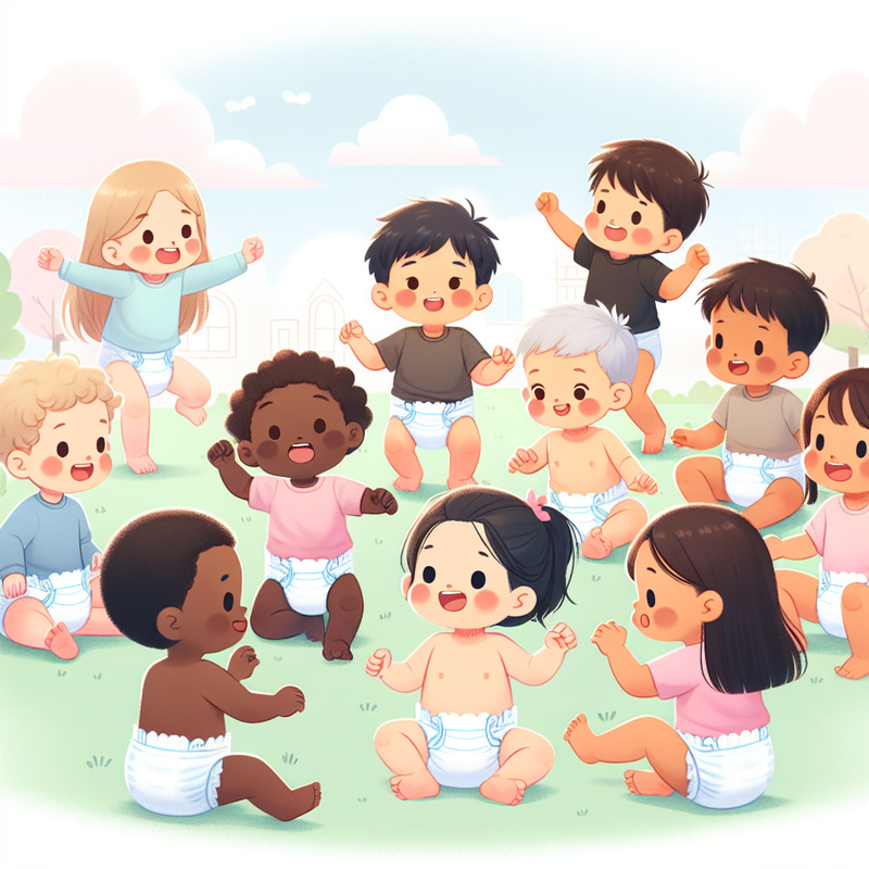 Joyful 9-Year-Old Kids in Pampers Baby Dry Diapers Joyful 9-Year-Old Kids in Pampers Baby Dry Diapers