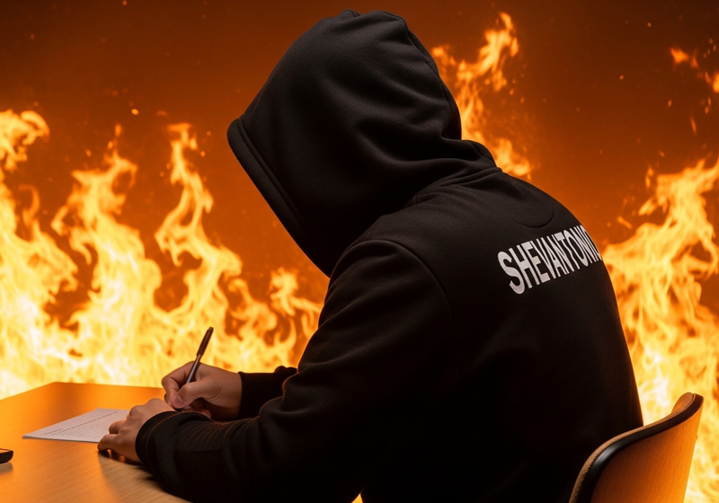Man in Hoodie Writing in Fiery Room