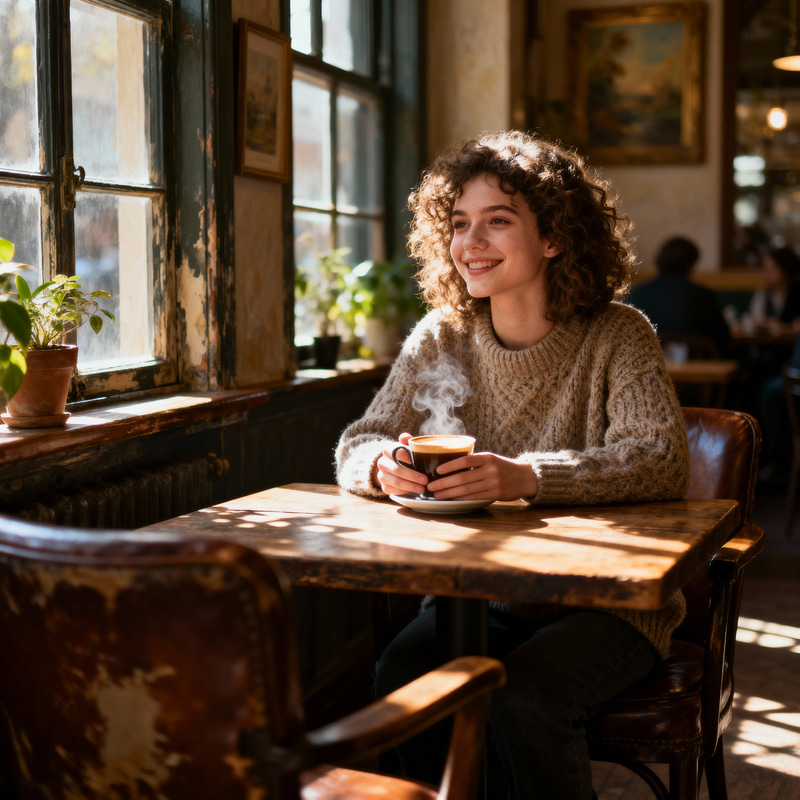 Cozy Café Scene: Warm Light & Tranquil Ambience