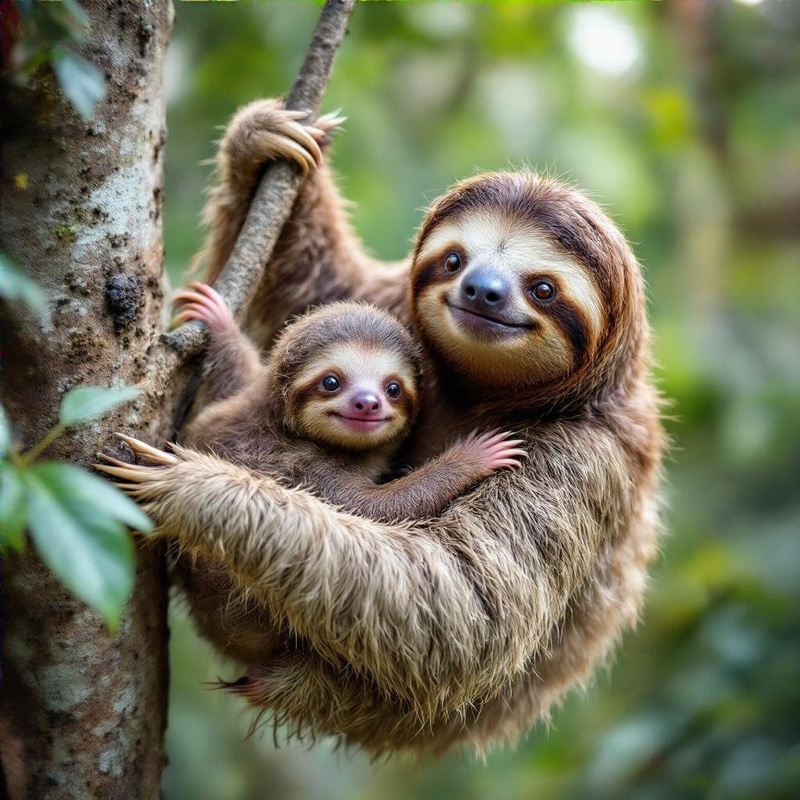 Cute Baby Sloth and Momma Hanging from Tree