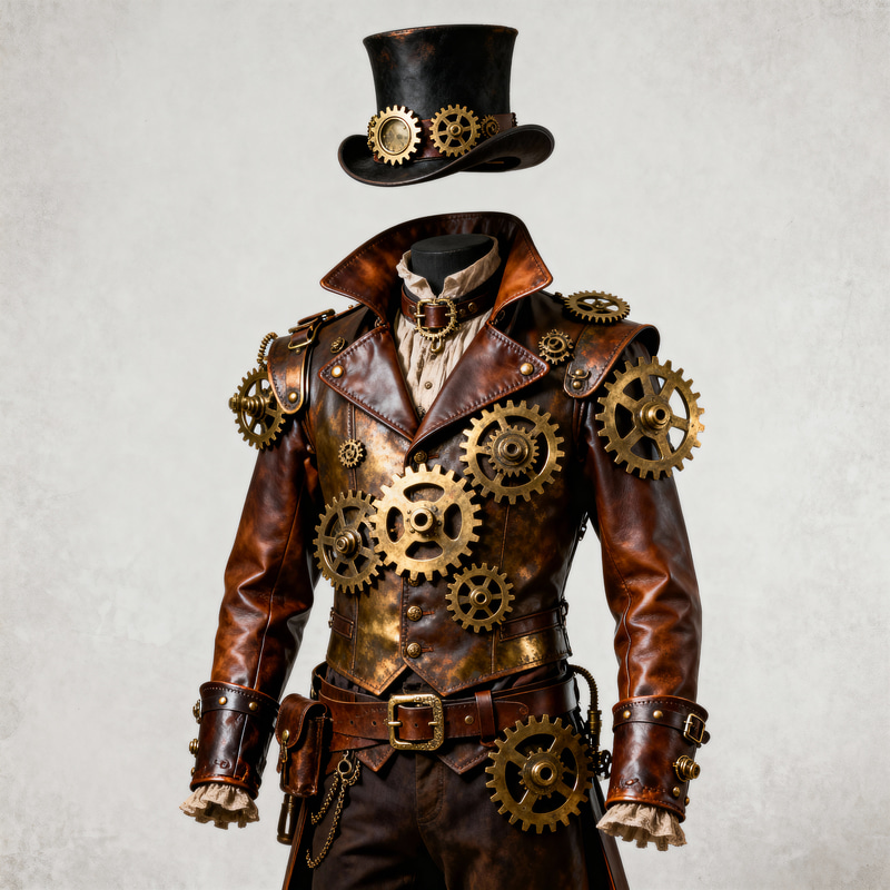 Intricate Steampunk Costume with Brass Gears Intricate Steampunk Costume with Brass Gears