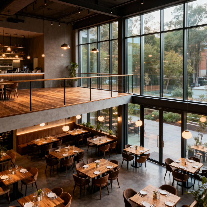 Cozy Loft Restaurant with Glass Windows Cozy Loft Restaurant with Glass Windows