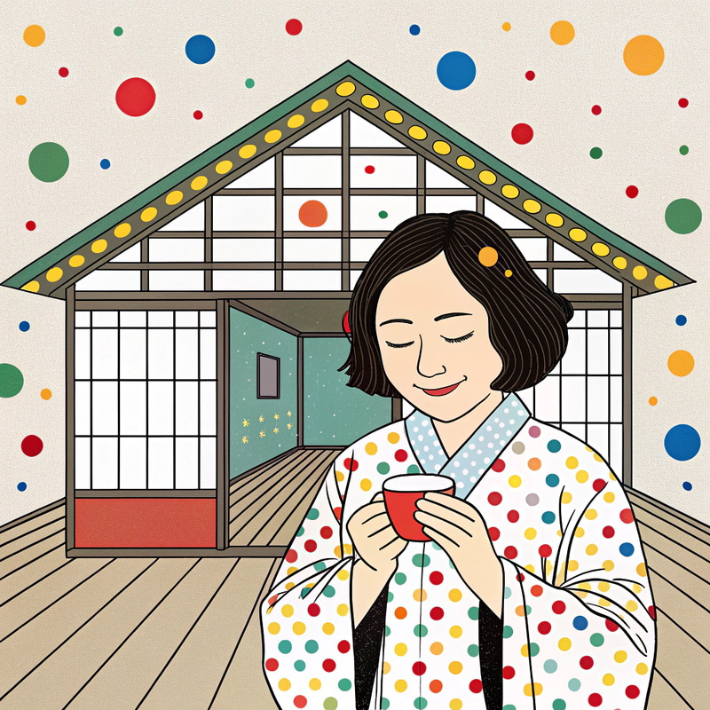 Yayoi Kusama Inspired Art: Smiling Woman with Cup