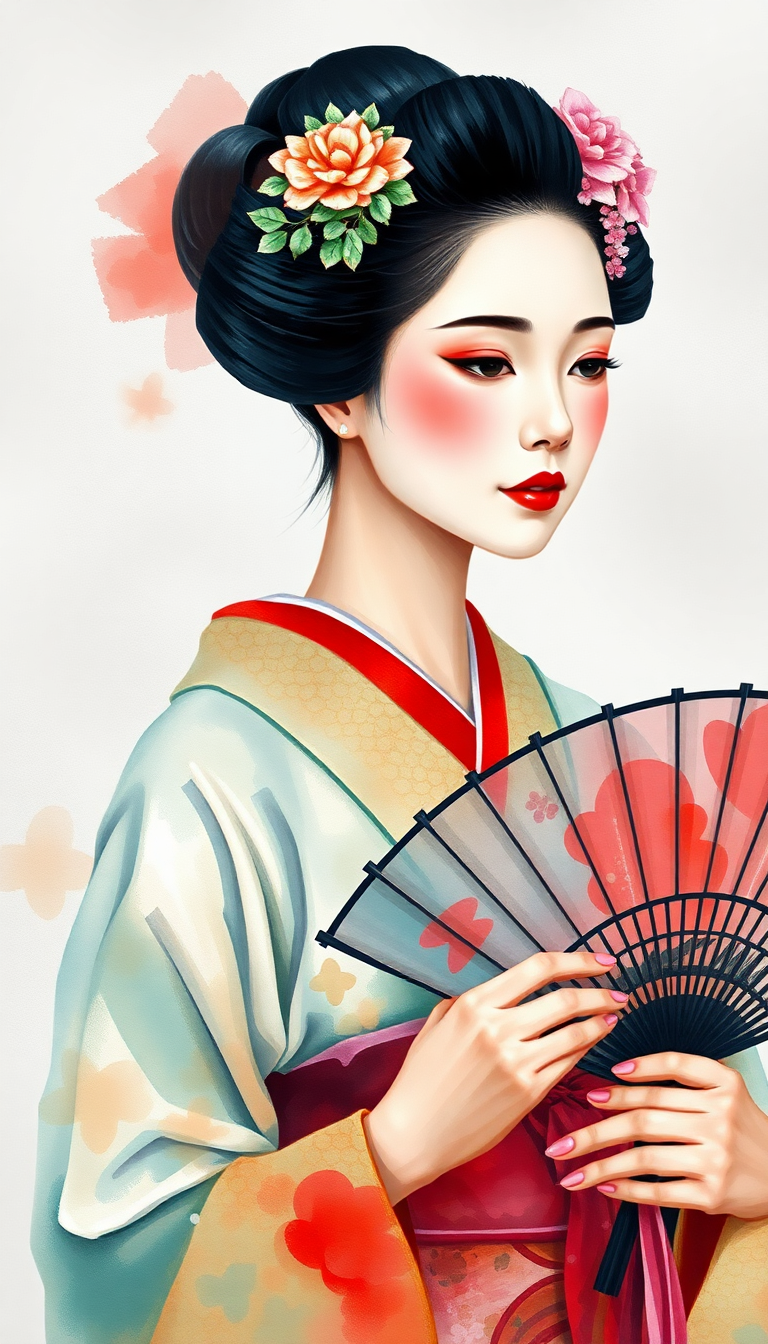 Elegant Geisha in Traditional Kimono Art Elegant Geisha in Traditional Kimono Art