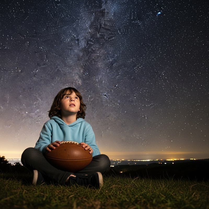 Child Gazing at Stars While Holding Football