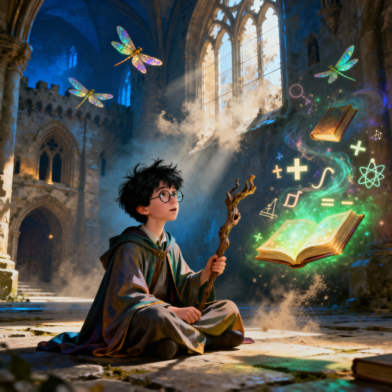 Whimsical Fantasy Scene with a Young Wizard Whimsical Fantasy Scene with a Young Wizard