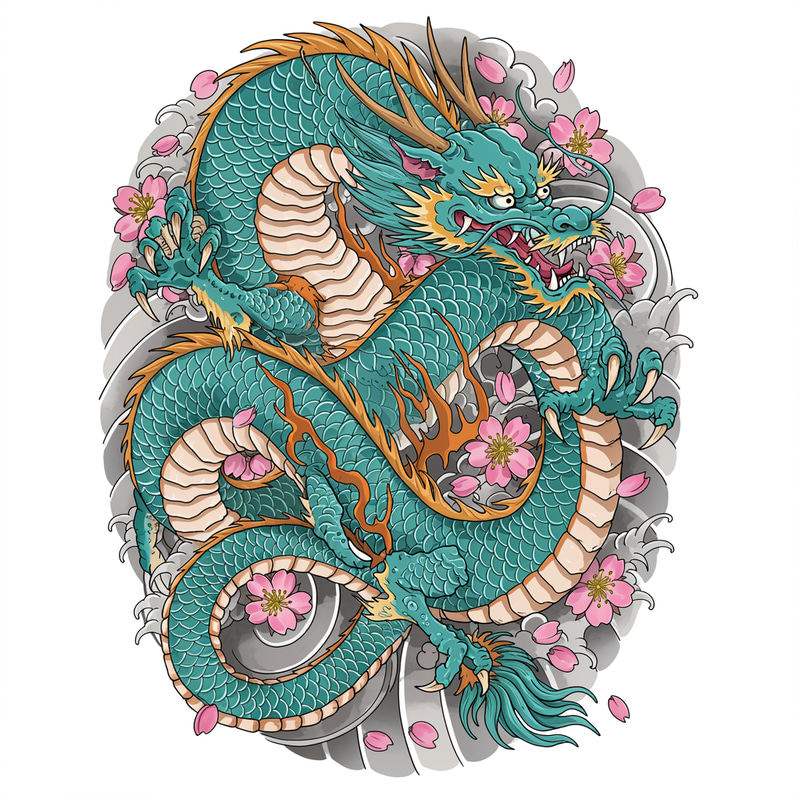 Majestic Dragon Tattoo Design with Cherry Blossoms Majestic Dragon Tattoo Design with Cherry Blossoms