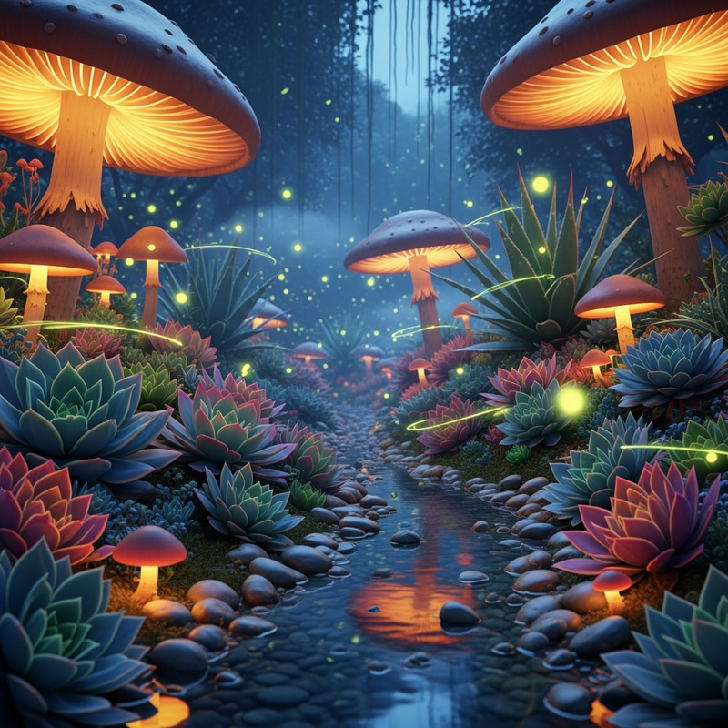 Fantasy Succulent Garden with Fireflies and Mushrooms Fantasy Succulent Garden with Fireflies and Mushrooms