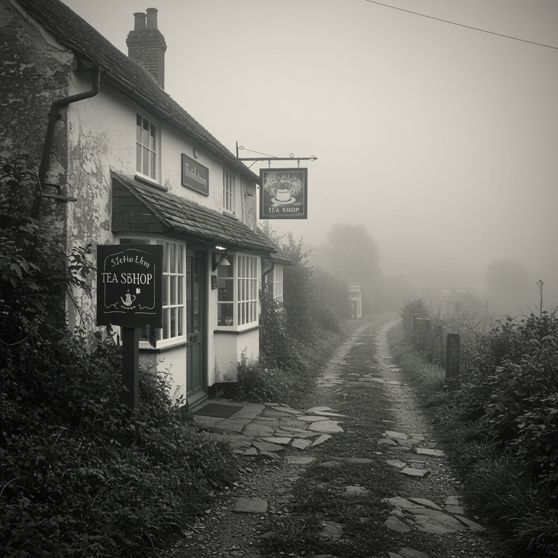 Charming Old Countryside Tea Shop in Foggy Setting Charming Old Countryside Tea Shop in Foggy Setting