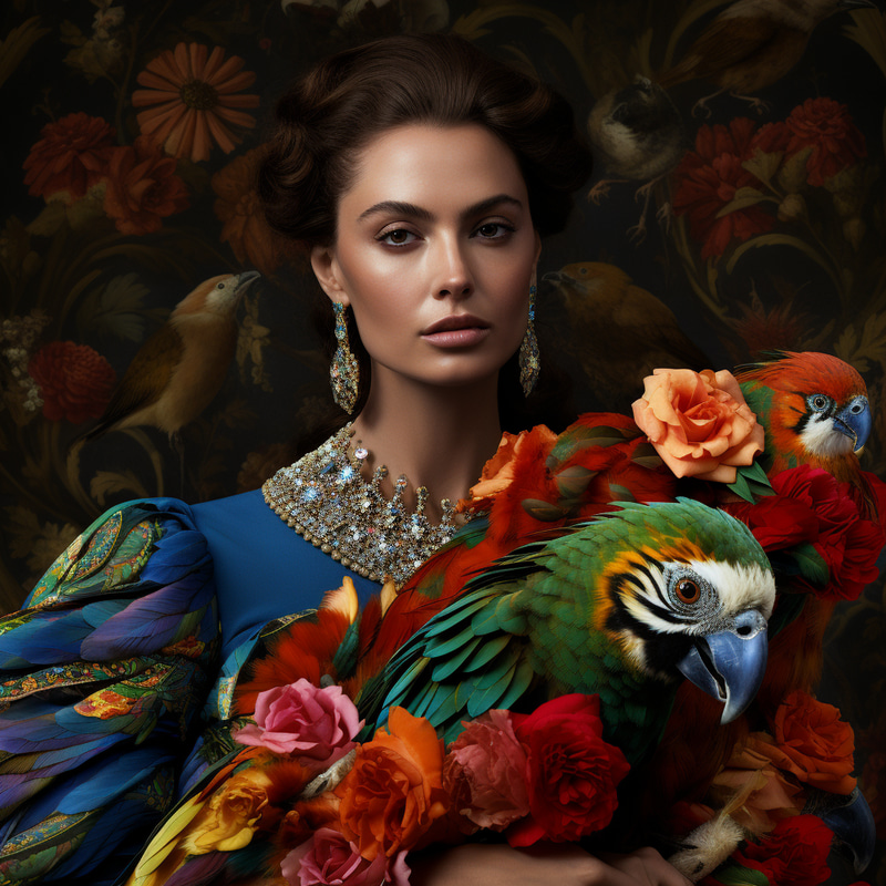 Vibrant Floral Fashion with Colorful Parrot Vibrant Floral Fashion with Colorful Parrot