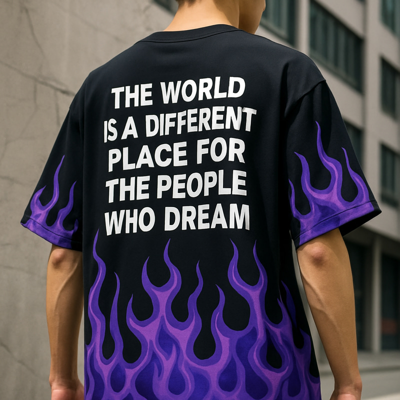 Stylish Oversized Black T-Shirt with Purple Flames Stylish Oversized Black T-Shirt with Purple Flames