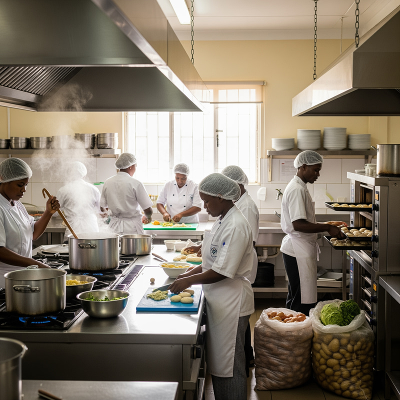 Busy School Kitchen with African Cooks