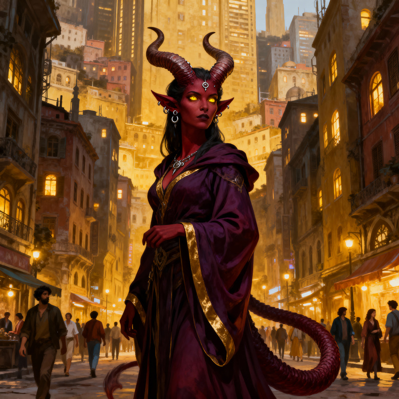 Powerful Tiefling Sorcerer in Cityscape