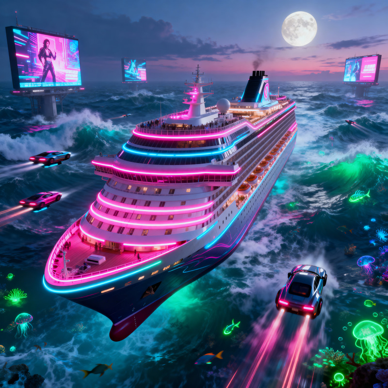 Futuristic Cruise Ship: Neon Lights & Cyberpunk Vibes Futuristic Cruise Ship: Neon Lights & Cyberpunk Vibes