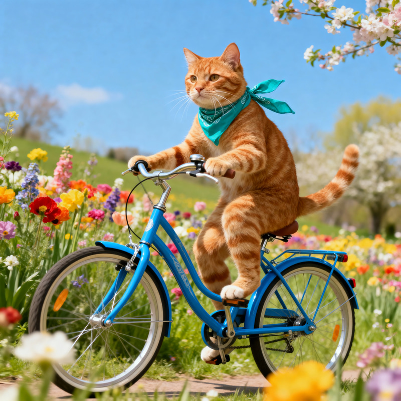 Cute Cat Riding a Bicycle in a Spring Meadow Cute Cat Riding a Bicycle in a Spring Meadow