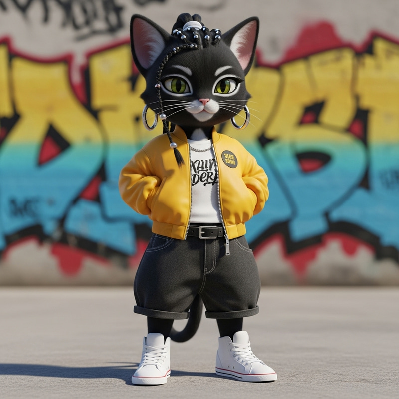Hip Hop Female Kitten in Retro Style - 3D Art