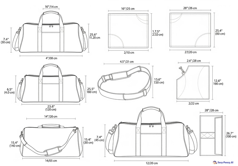 Sport Bag Pattern with Measurements & Line Drawings Sport Bag Pattern with Measurements & Line Drawings