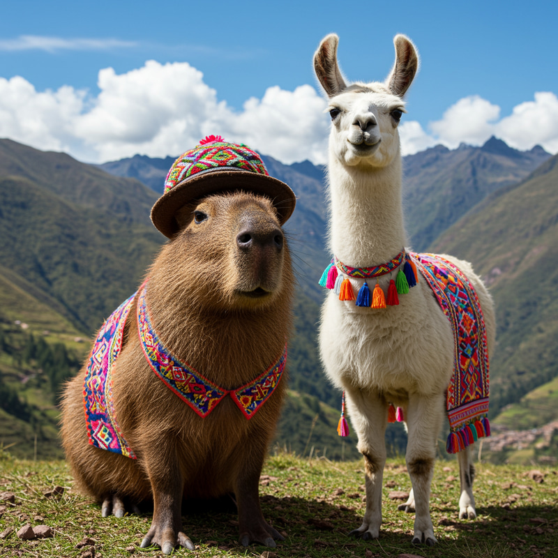 Brown Capybara in Andean Outfit with Llama