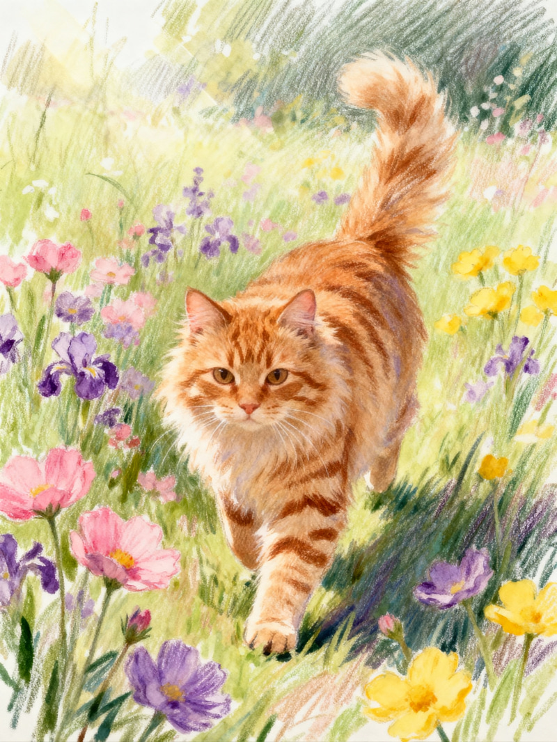 Ginger Cat Amid Flower Fields - Hand Drawn Sketch Ginger Cat Amid Flower Fields - Hand Drawn Sketch