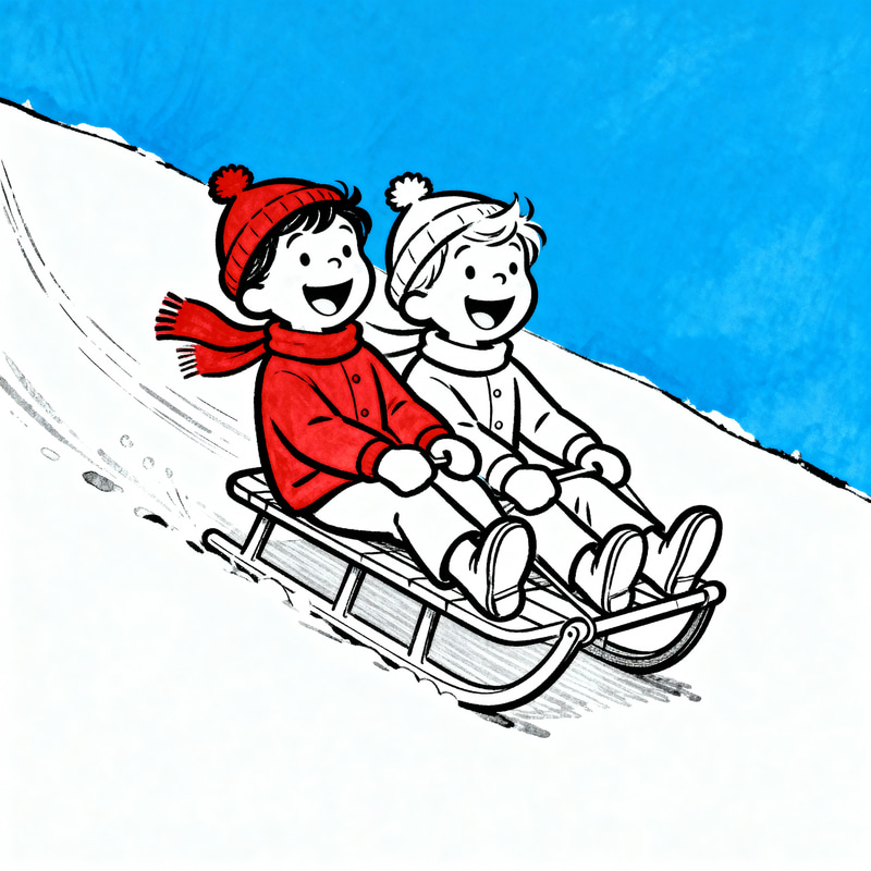 Joyful Winter Fun: Kids Sliding on Sleds Illustration Joyful Winter Fun: Kids Sliding on Sleds Illustration