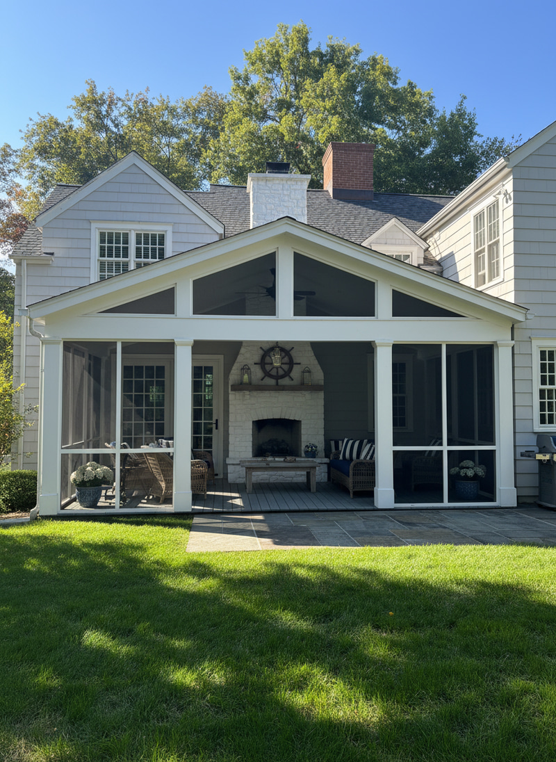 Coastal New England Screened Porch with Fireplace