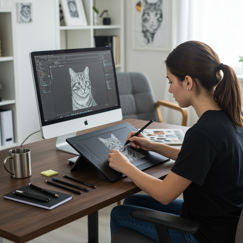 Artist Sketching Cat Portrait in Digital Studio