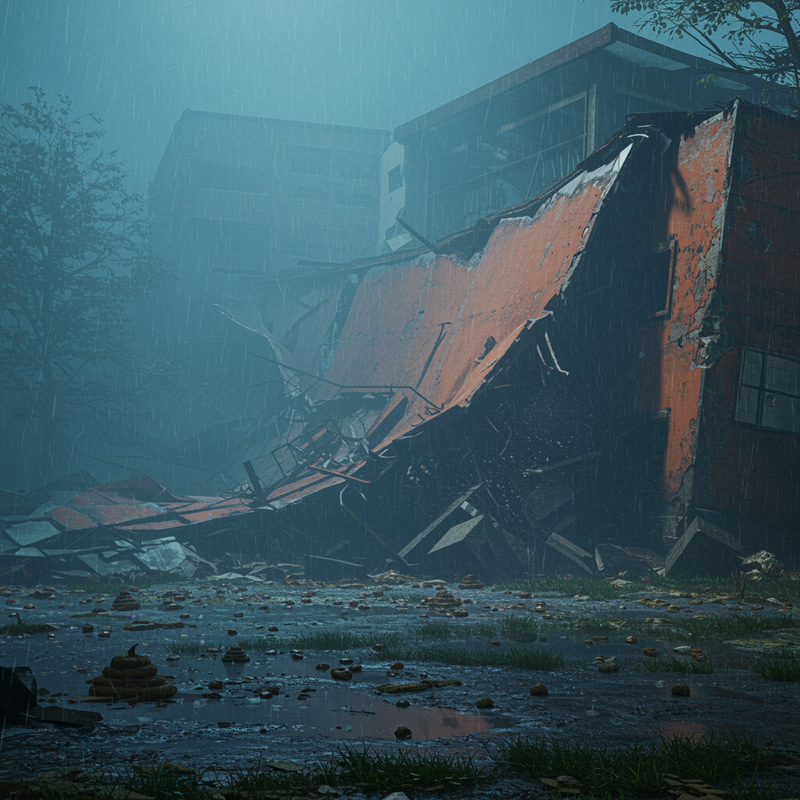 Collapsing Building in Fog and Rain