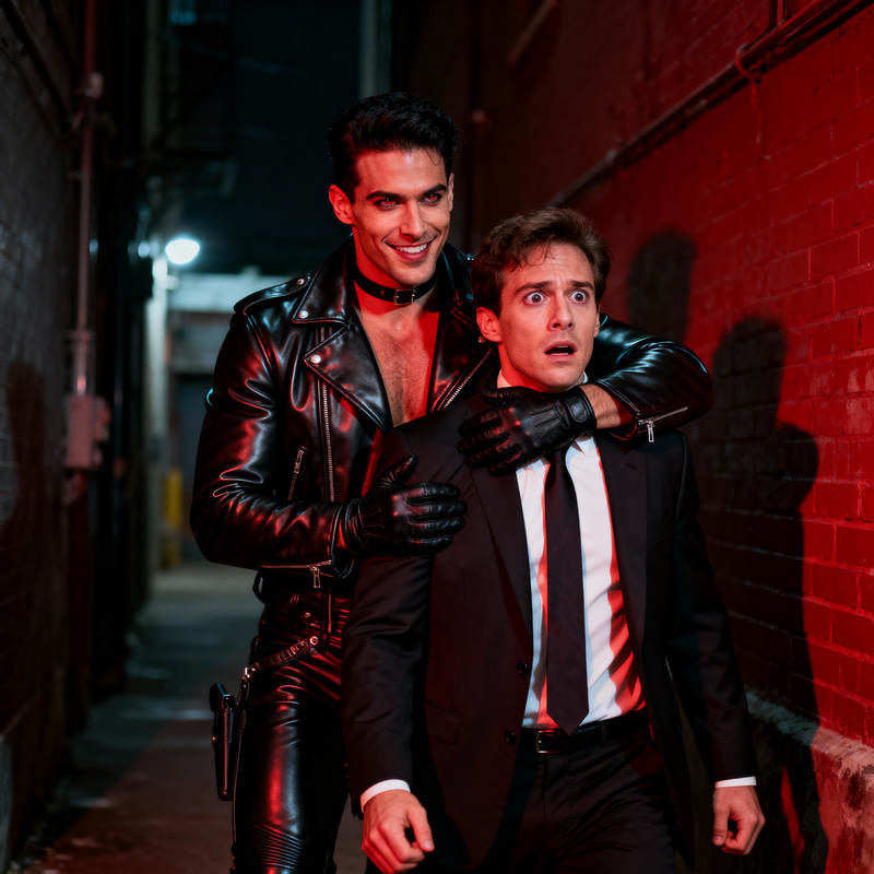 Seductive Leather Clad Man Behind Businessman