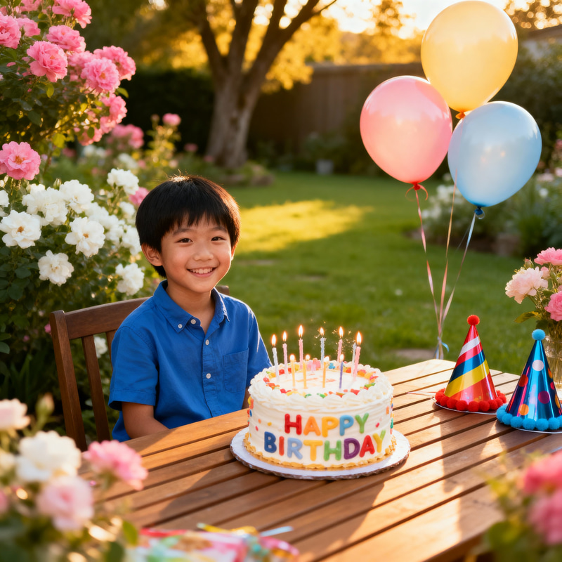 Asian Boy's Birthday Celebration in a Garden