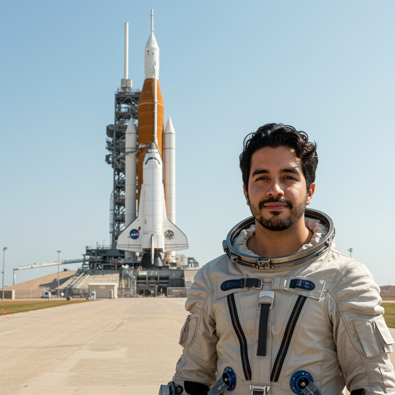 Hispanic Astronaut in Front of Rocket Hispanic Astronaut in Front of Rocket
