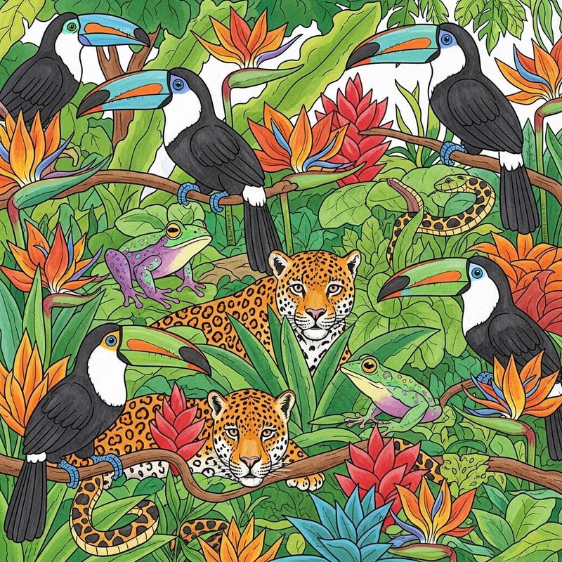 Coloring Book of Toucans, Frogs, and Jaguars