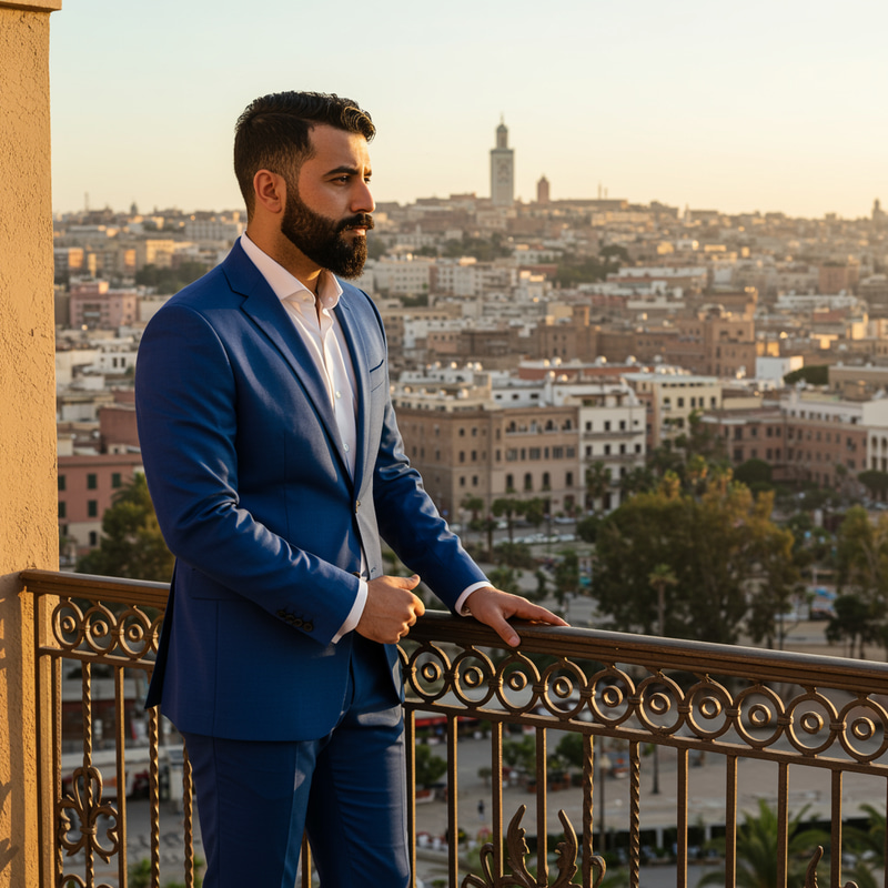 Elegant Moroccan Man in Royal Blue Suit on Balcony