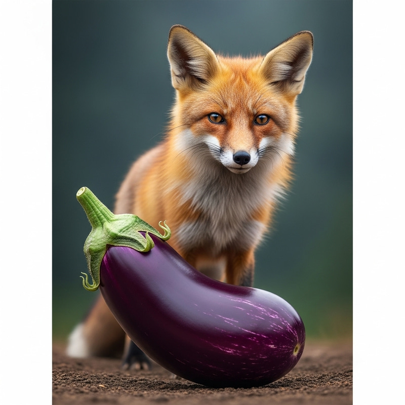 Elegant Fox and Vibrant Brinjal in Scenic Organic Farm Elegant Fox and Vibrant Brinjal in Scenic Organic Farm