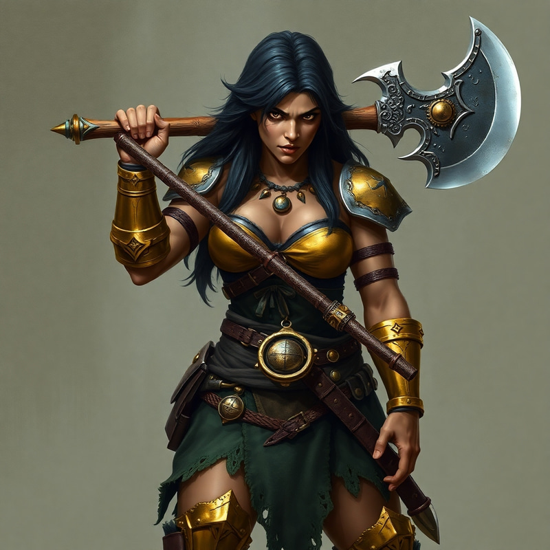 Female Orc Barbarian with Greataxe and Gold Bracers Female Orc Barbarian with Greataxe and Gold Bracers