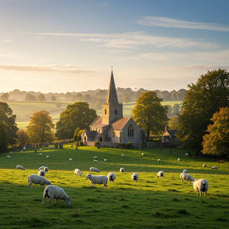 Peaceful English Countryside: Church & Sheep