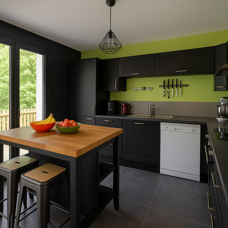 Sleek Black Kitchen with Wooden Countertop Sleek Black Kitchen with Wooden Countertop
