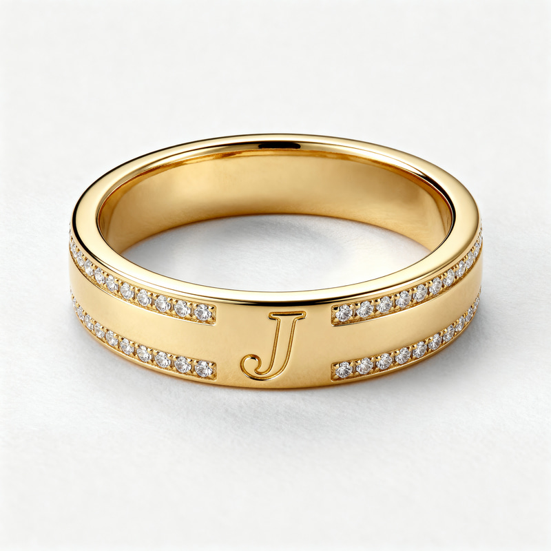 Elegant Men's Ring with J in Gold and Diamonds Elegant Men's Ring with J in Gold and Diamonds