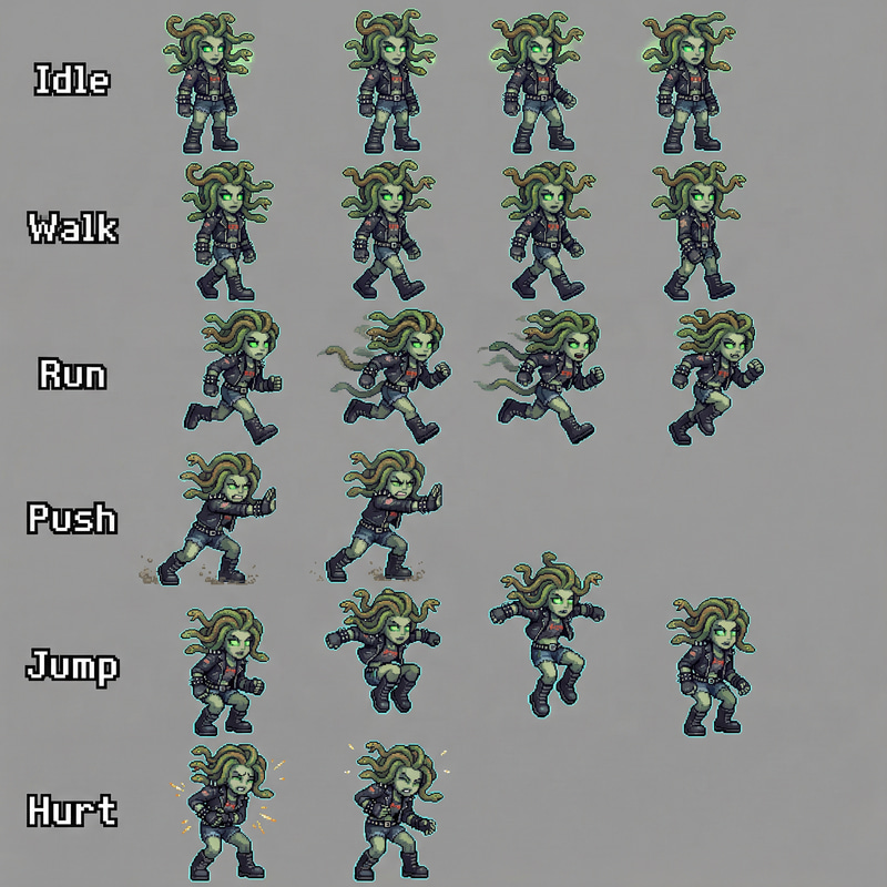 16-Bit Medusa Pixel Art Sprite Sheet for 2D Games