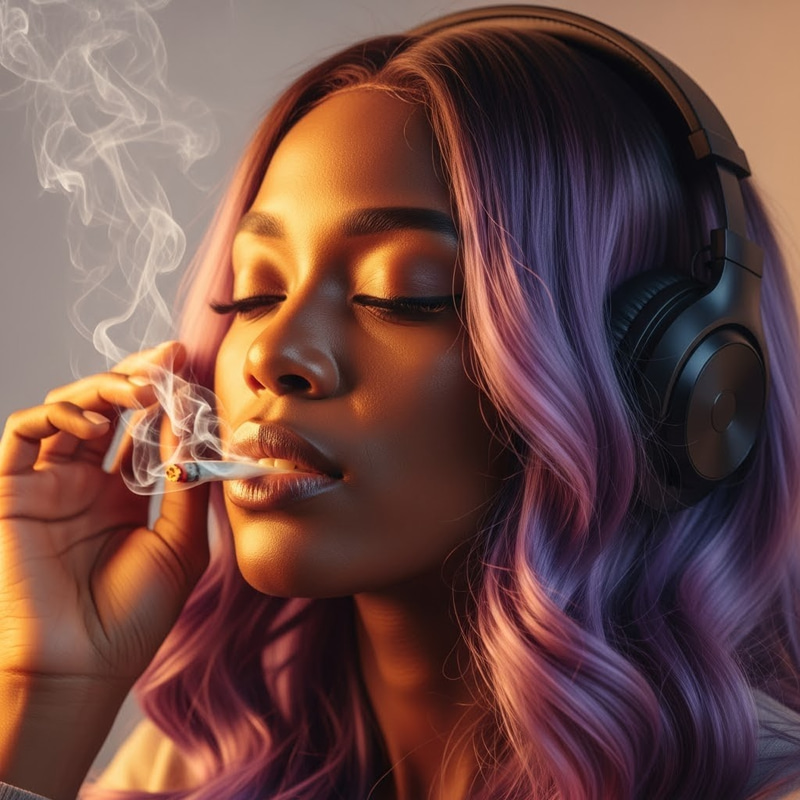 Dark Skin Woman with Purple Ombre Hair Smoking Weed