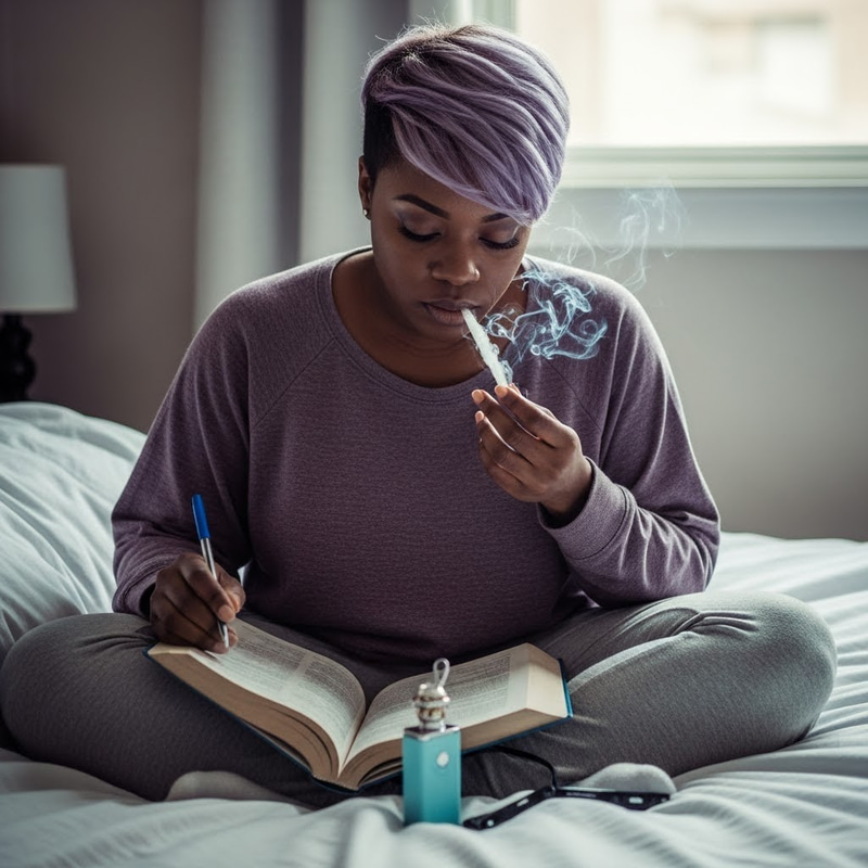 Studying in Style: Black Woman with Purple Pixie Cut Studying in Style: Black Woman with Purple Pixie Cut