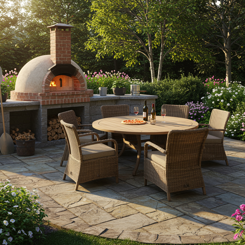 Outdoor Seating Area with Pizza Oven Outdoor Seating Area with Pizza Oven